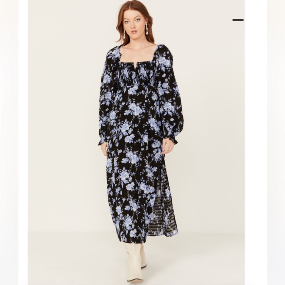 Free People Black and Blue Floral Midi Dress